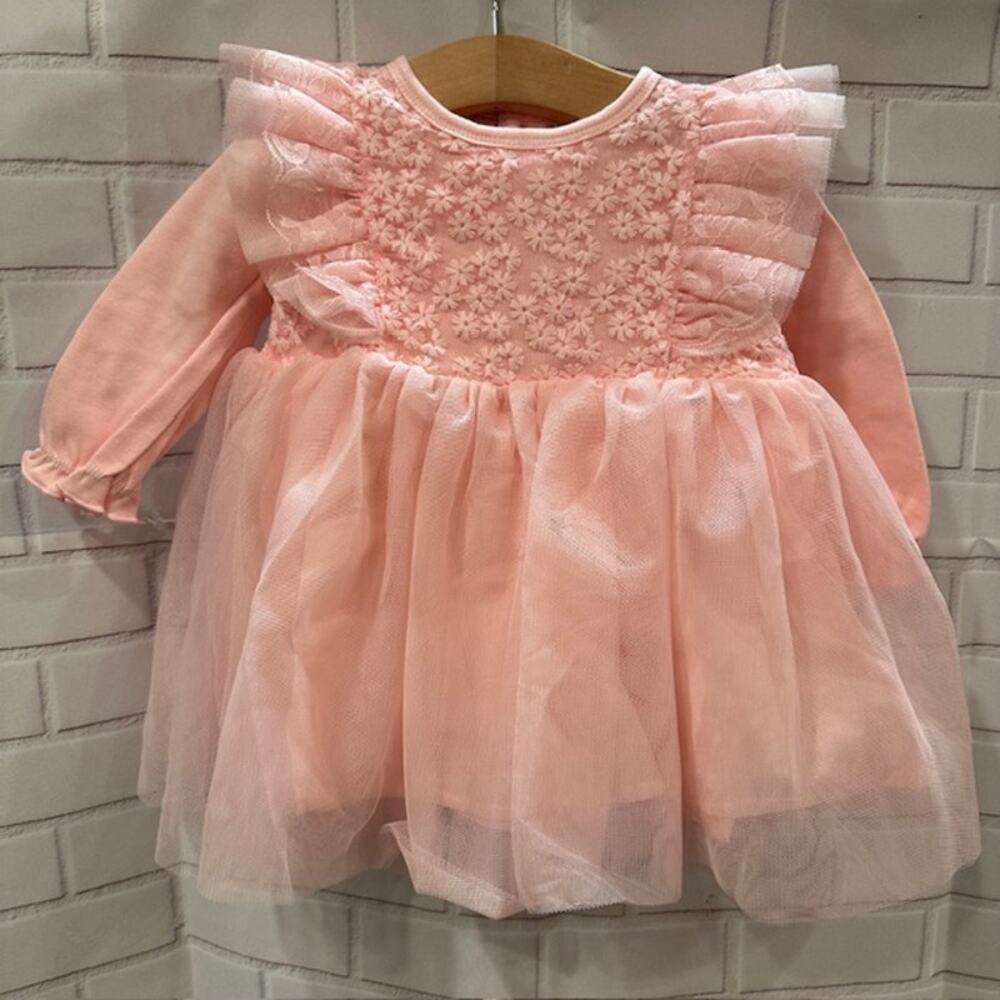 Pink Baby Girl Cotton Flower Dress 59 US 1-3 Month Lace Ruffles Lined Bonnet